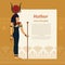 A template with a place for text and an illustration of the ancient Egyptian goddess Hathor. With Hathor`s lettering and