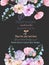 Template postcard with with watercolor tender flowers and leaves in pastel shades, hand drawn on a dark background