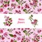 Template with seamless pattern and stickers of blossoming pink branch of apple tree and flowers. Hand drawn colored sketch.