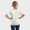 Template t-shirts on a beautiful little girl with hands on a belt, empty white clothes for presentation of design and logo, back