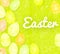 Template vector card with realistic 3d render eggs, candies. Handwriting Happy Easter. Doodles hand drawn elements