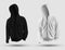 Template of a white, black 3D rendering hoodie, with a zipper, pocket, realistic mens sweatshirt isolated on background