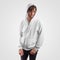Template of a white casual hoodie with ties, pocket, zipper, on a guy in a hood, front view, for presentation of design, print