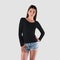 Template of women`s clothing with long sleeves on a young girl, front view, branded with clothes for presentation of design, logo