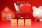 Template word 3 characters with blurred House shopping card saving bank mock up on red background - red promotion shopping propert