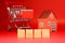 Template word 4 characters with House mock up on red background - red promotion shopping property sale advertising concept