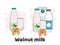 Templates with milk in glass, bottles and box. Vegan milk icons