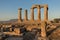 Temple of Apollo ruins in Ancient Corinth, Greece. Details of columns, pillars, doric architecture.