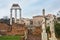 Temple of Castor and Pollux and antique statues at a temple of the Vestal Virgins