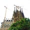 The Temple Expiatori de la Sagrada FamÃ­lia, trees and cranes in Barcelona city, Spain