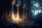 Temple in fantasy forest at night, old ruins and magic light, illustration, generative AI