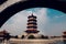 The temple in the Penglai pavilion under the arch, Yantai, Shandong, China. Blue sky, copy space for text