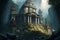 Temple ruins in fantasy mountains, Ancient palace ruins nestled in a fantasy mountain range within a jungle