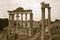 Temple of Saturn and Temple of Vespasian at Roman Forum seen from the Capitol, ancient Roman ruins, Rome, Italy, Europe