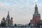 Temple of Vasily the Blessed and the Kremlin`s Spasskaya tower, Red Square, Moscow, Russia