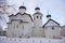 The temples of the ancient Spaso-Preobrazhensky monastery, January evening. Staraya Russa, Russia