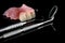 Temporary denture and dental tools.