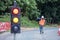 temporary portable traffic signal installed for road works