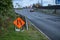 Temporary road sign indication road narrowing from right, Dublin, Ireland