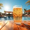 Temptation by Poolside Feast Your Eyes on Masterpiece of a Transparent Glass, Overflowing with Amber Beers. AI Generated