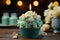 Tempting birthday delight Cupcake, blue candle, heart, cream cheese frosting, crowned with greens