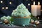Tempting birthday treat Cupcake with blue candle, heart, and green crown cupcakes