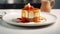 a tempting caramel Biscoff cheesecake displayed on a white table, accompanied by a slice and a cup of tea or coffee,the