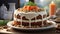 Tempting carrot cake with specks of shredded carrot and walnut pieces sprinkled on top
