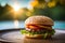 Tempting Cheeseburger with Beef Patty on wooden Plate