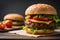 Tempting Cheeseburger with Beef Patty on Wooden Plate