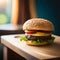 Tempting Cheeseburger with Beef Patty on Wooden Table