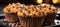Tempting chocolate chip muffins on blurred background easy recipe concept at home kitchen