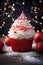 Tempting Christmas Cupcake with fluffy red and white Frosting. Fairy light bokeh background with baubles