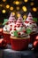 Tempting Christmas Cupcakes with Fluffy White Frosting, Cranberries and holly leaves. Fairy light bokeh background with baubles