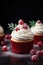 Tempting Christmas Cupcakes with Fluffy White Frosting and Tangy Cranberries, Black background with copyspace