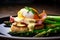 tempting close-up of Eggs Benedict with crispy prosciutto, grilled asparagus, and velvety hollandaise sauce on a warm buttery