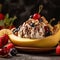 A tempting, close-up shot of a vegan featuring dairy-free ice cream, fresh fruit, and natural sweeteners. Highlights the dessert