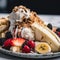 A tempting, close-up shot of a vegan featuring dairy-free ice cream, fresh fruit, and natural sweeteners. Highlights the dessert