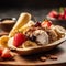 A tempting, close-up shot of a vegan featuring dairy-free ice cream, fresh fruit, and natural sweeteners. Highlights the dessert