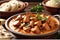 A Tempting Close-Up of Sizzling Butter Chicken: Marinated Pieces Glistening with Herbs and Spices in a Rich Creamy Sauce