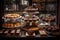 tempting display of chocolate cakes, cupcakes, and cookies in bakery window