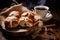 A tempting display of hot cross buns presented on a wooden platter, accompanied by a steaming cup of coffee, evoking the