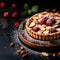 Tempting pastry Bakewell Tart displayed on dark background with space