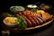 Tempting platter, Fried sausages, sauces, and herbs, ideal for beer lovers