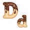 Tempting typography. Font design. 3D donut letter D glazed with chocolate cream and candy