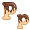 Tempting typography. Font design. 3D donut letter P glazed with chocolate cream and candy
