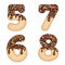 Tempting typography. Font design. 3D donut numbers five, six, seven, eight,  glazed with chocolate cream and candy