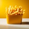 Tempting yellow box holds golden fries on a white backdrop