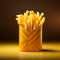 Tempting yellow box holds golden fries on a white backdrop