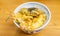 Tempura bowl on table.